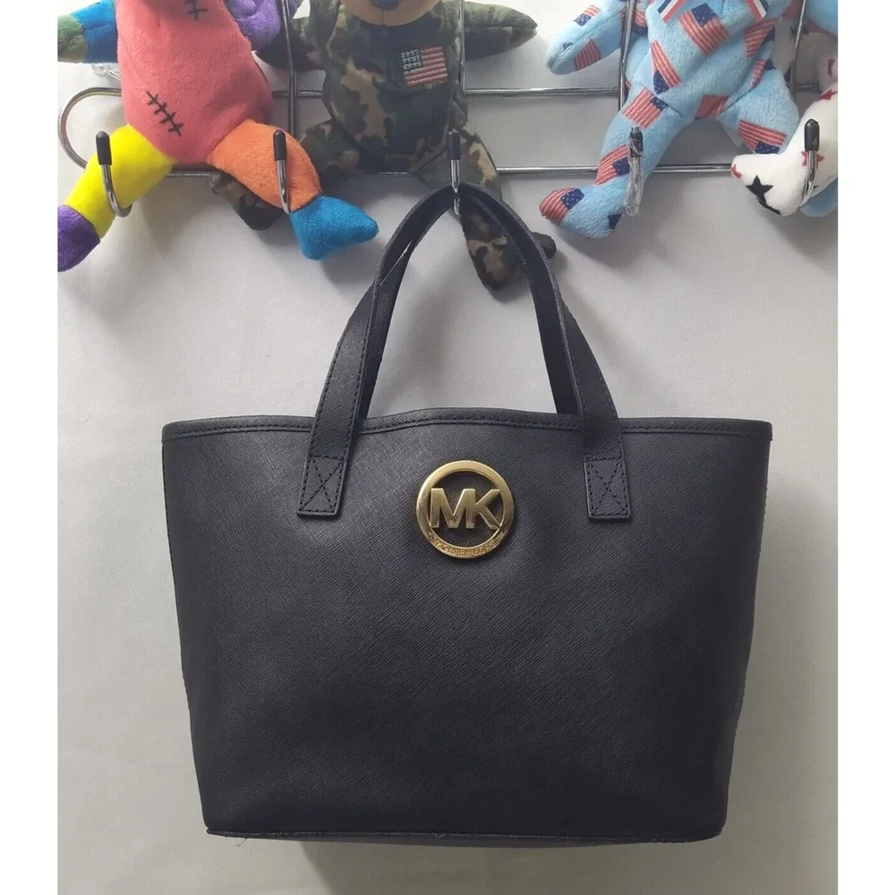 Michael Kors Black Crossgrain Leather Double Handle Small Tote Bag